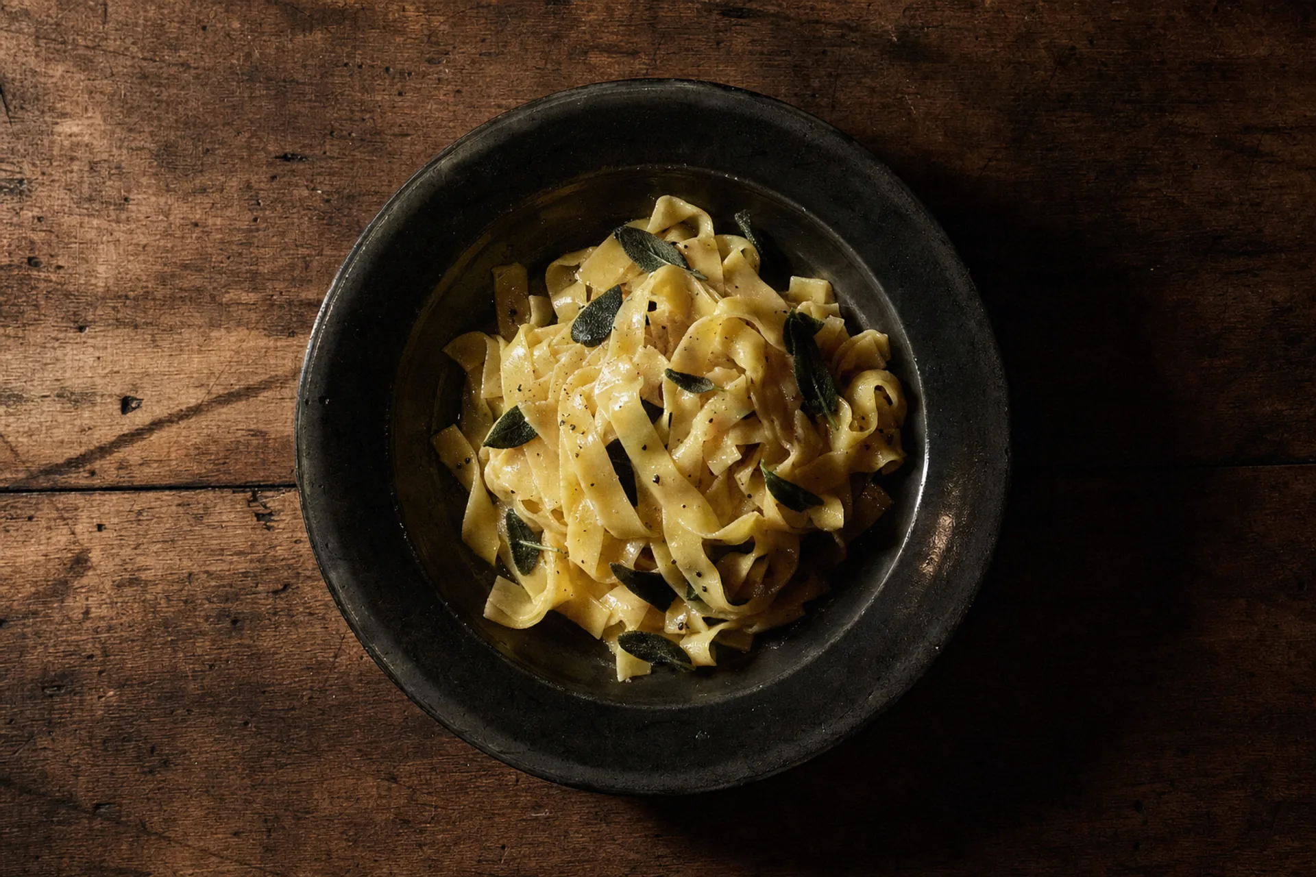 Assiette de tagliatelle au beurre et à la sauge, vue de dessus sur une table de bois.