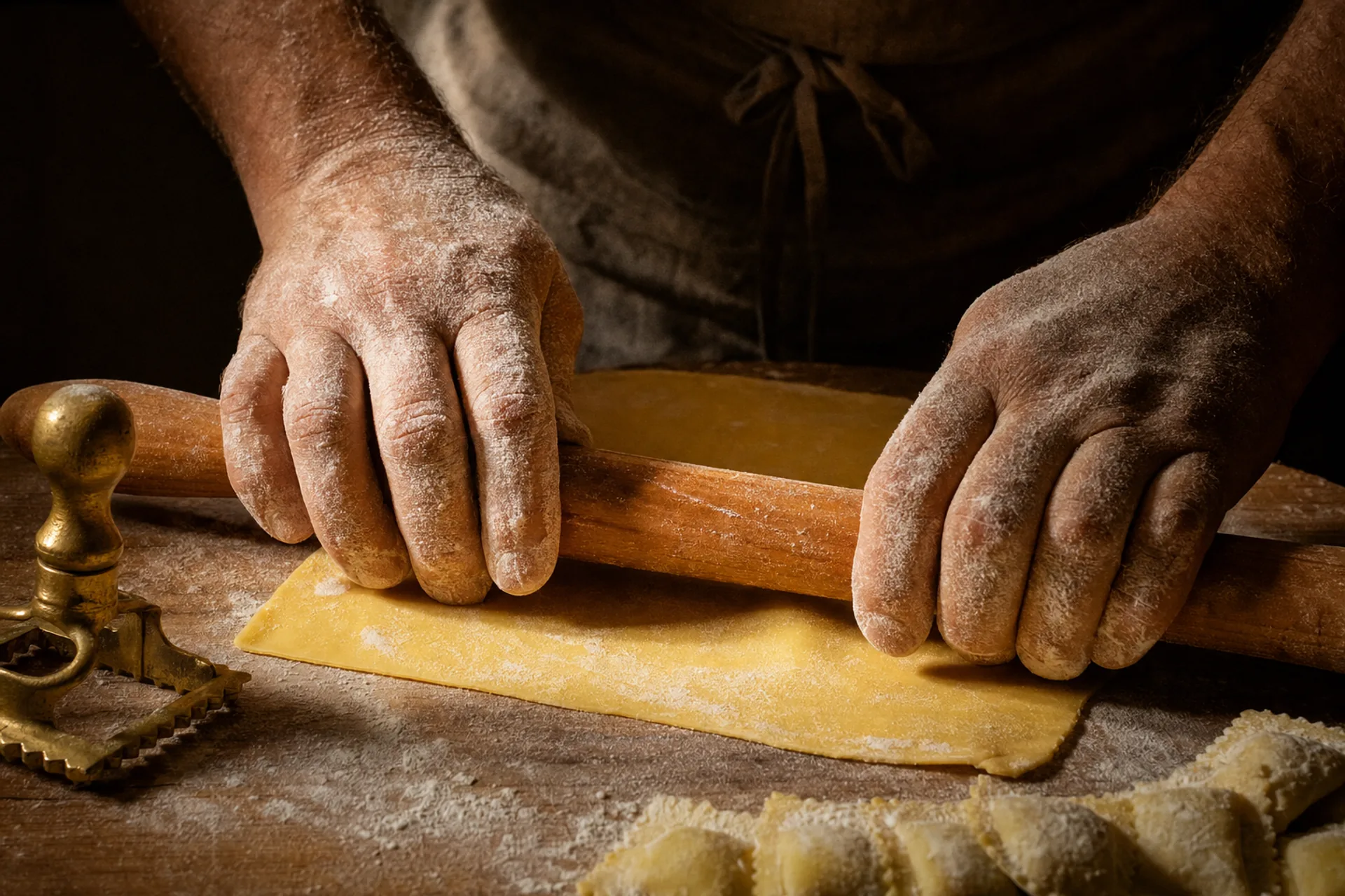 Mains farinées étalant une pâte fraîche aux œufs sur une planche de bois, roulette à ravioli à côté.